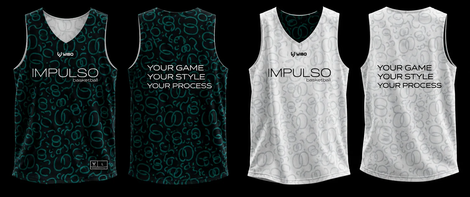 Equipaciones de IMPULSO Basketball: modelo oscuro y modelo claro, frente y espalda